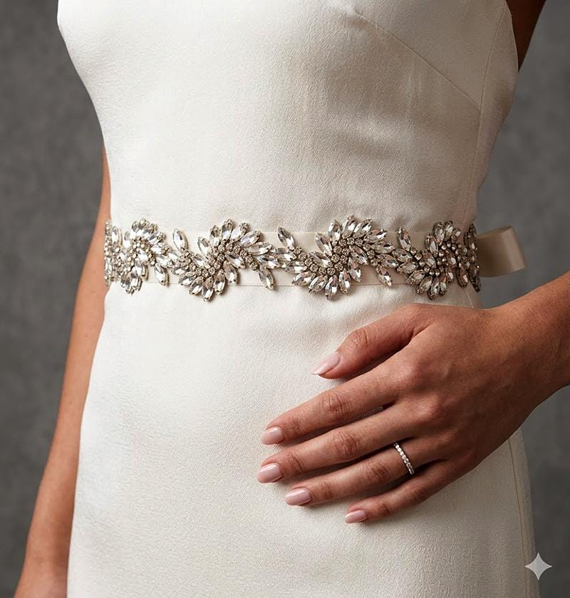 Silver Crystal Floral Vine Bridal Sash Belt