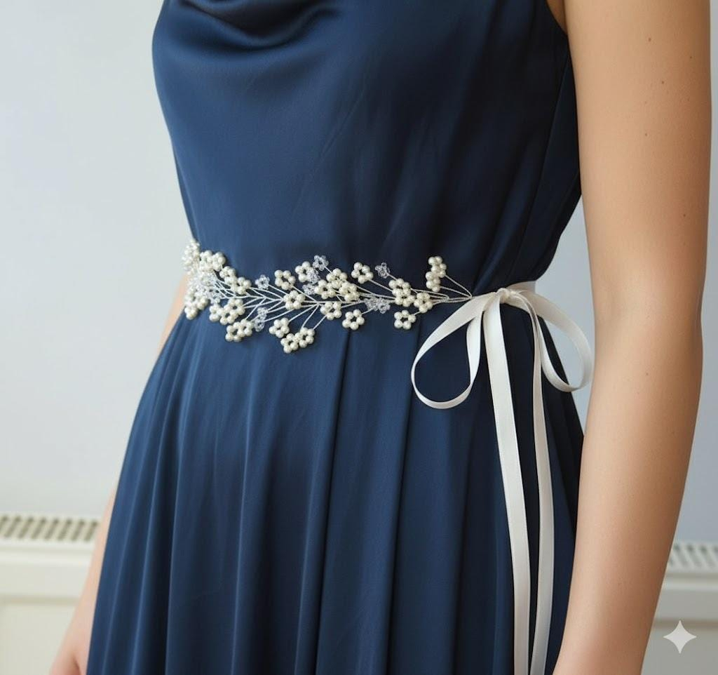 Ivory Pearl Floral Vine Bridal Sash Belt